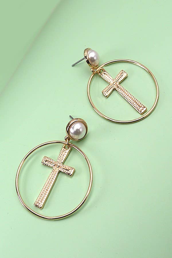 ROUND CROSS DROP PEARL EARRINGS