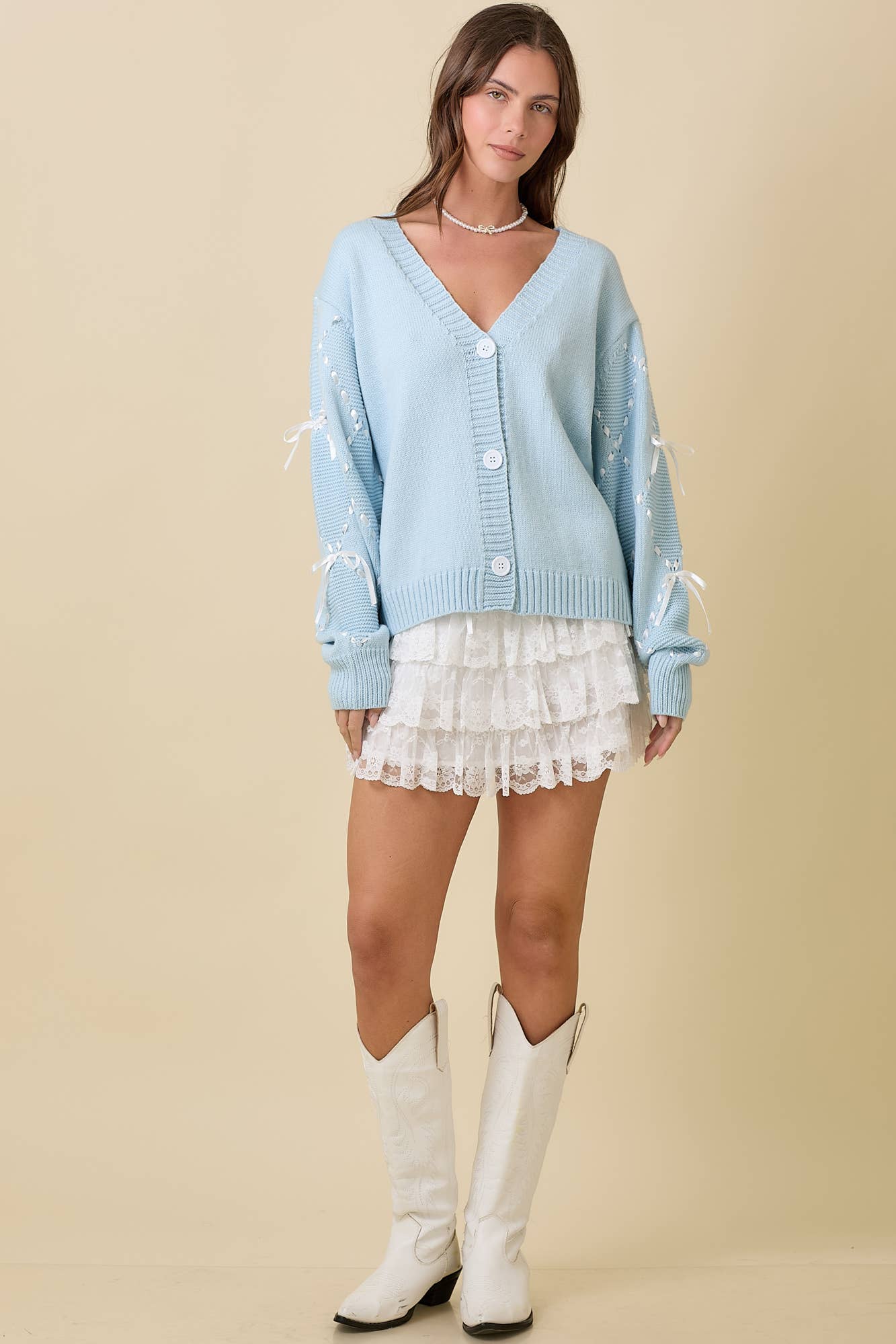 Hand Sewn Satin Ribbon Detail On Sleeve Cardigan