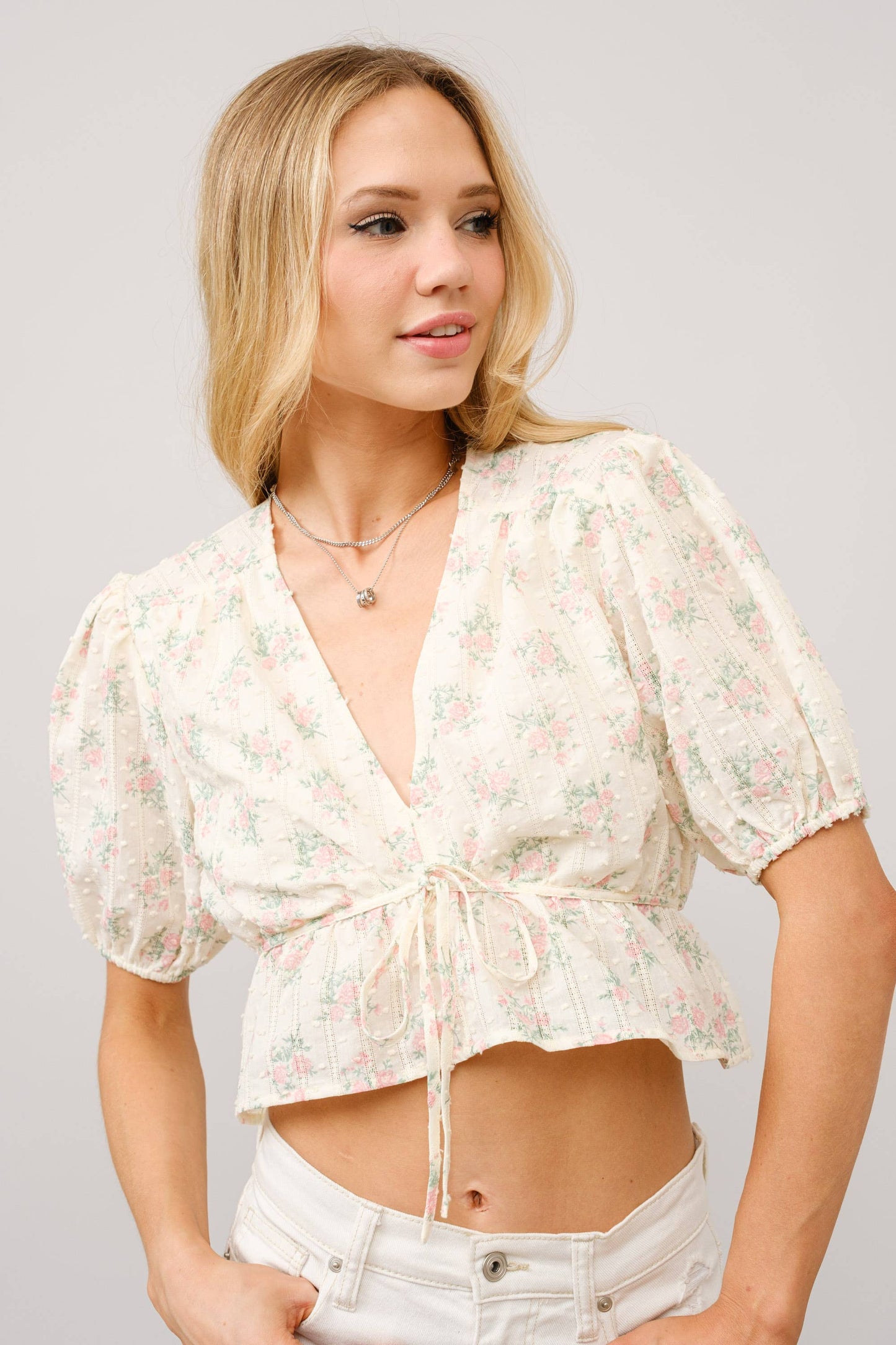 Petticoat Puff Sleeve Tie Front Peplum Top
