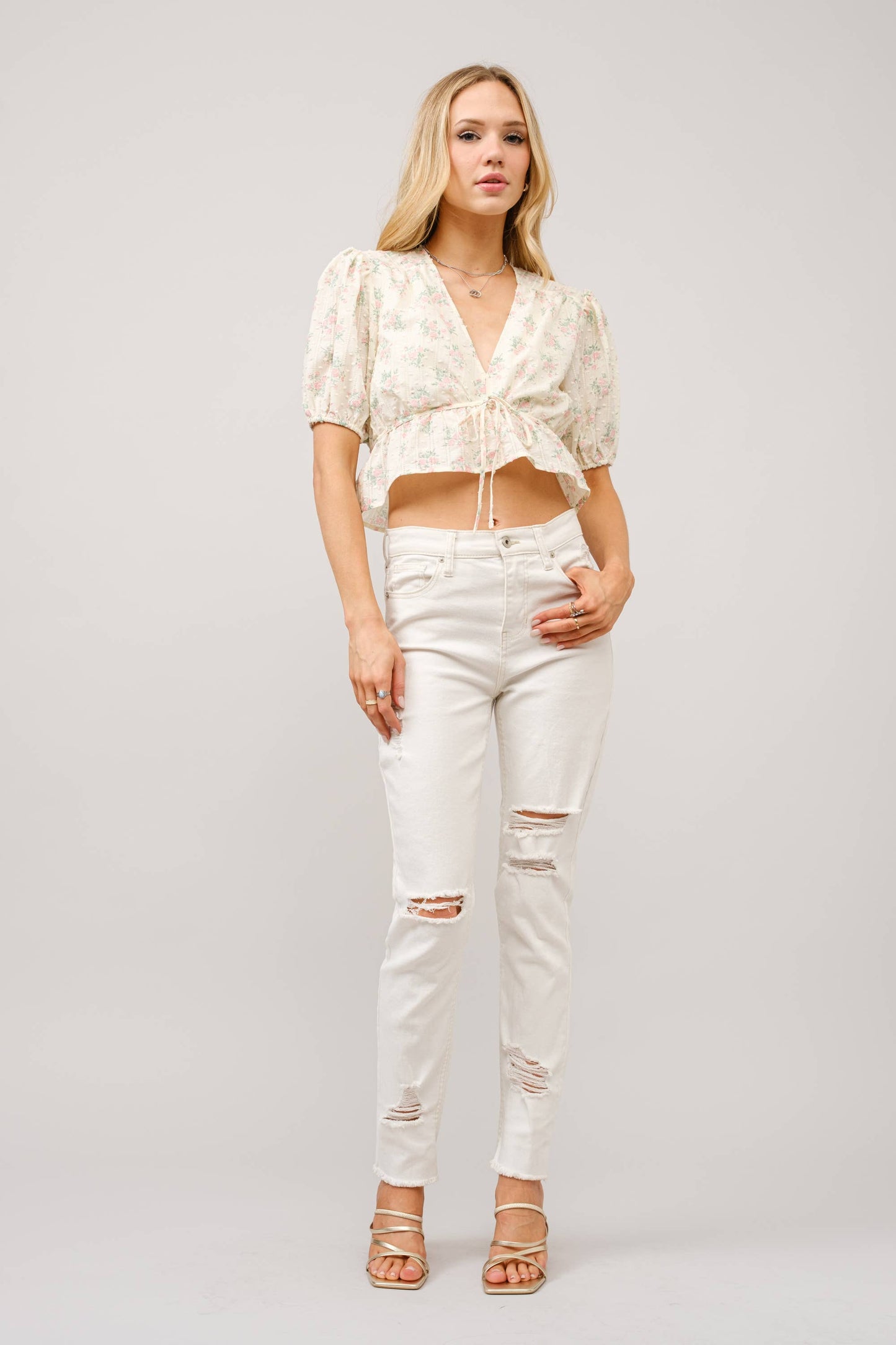 Petticoat Puff Sleeve Tie Front Peplum Top