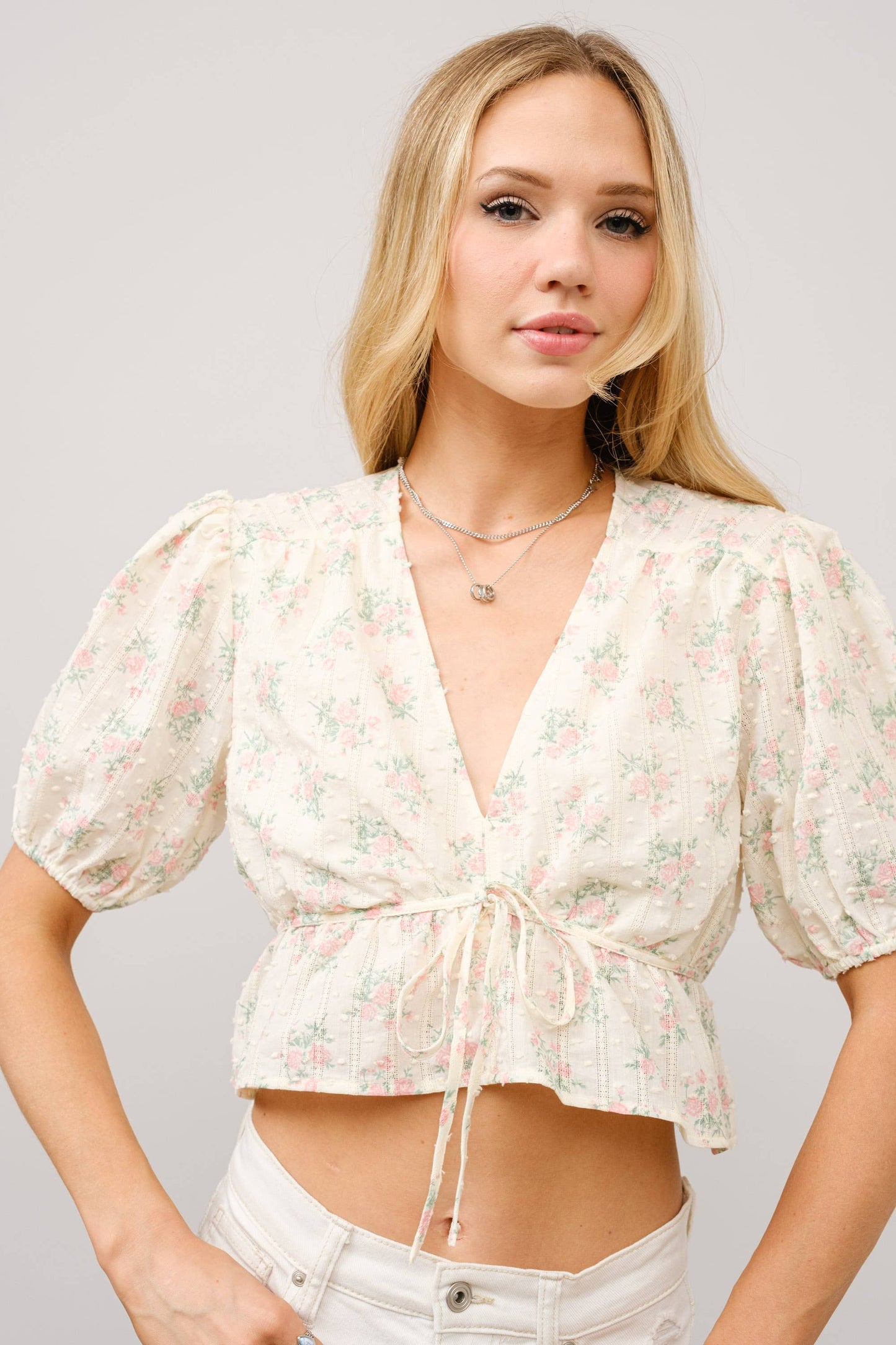 Petticoat Puff Sleeve Tie Front Peplum Top