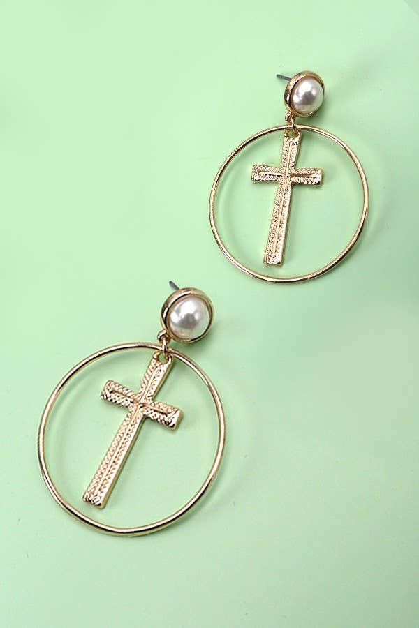 ROUND CROSS DROP PEARL EARRINGS