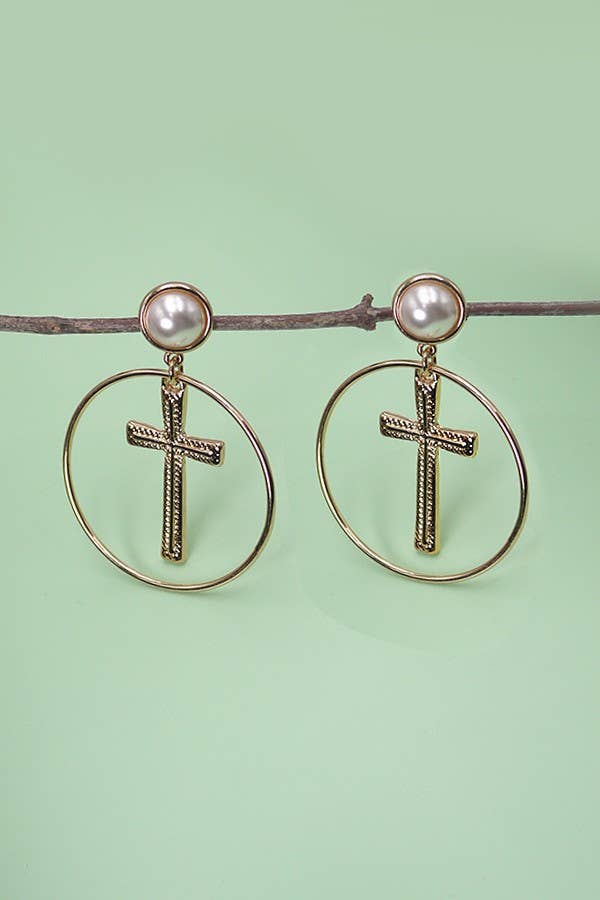 ROUND CROSS DROP PEARL EARRINGS