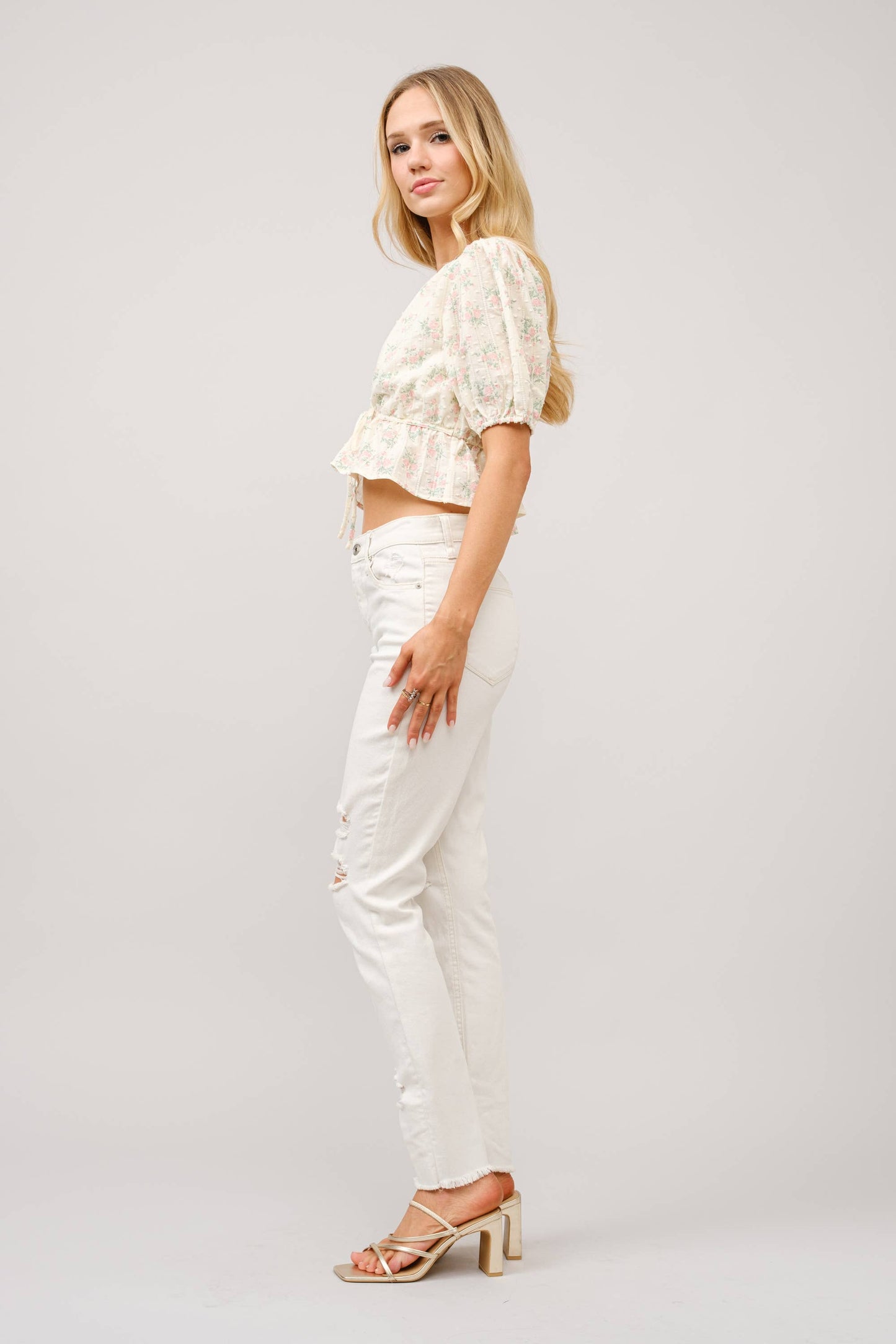 Petticoat Puff Sleeve Tie Front Peplum Top