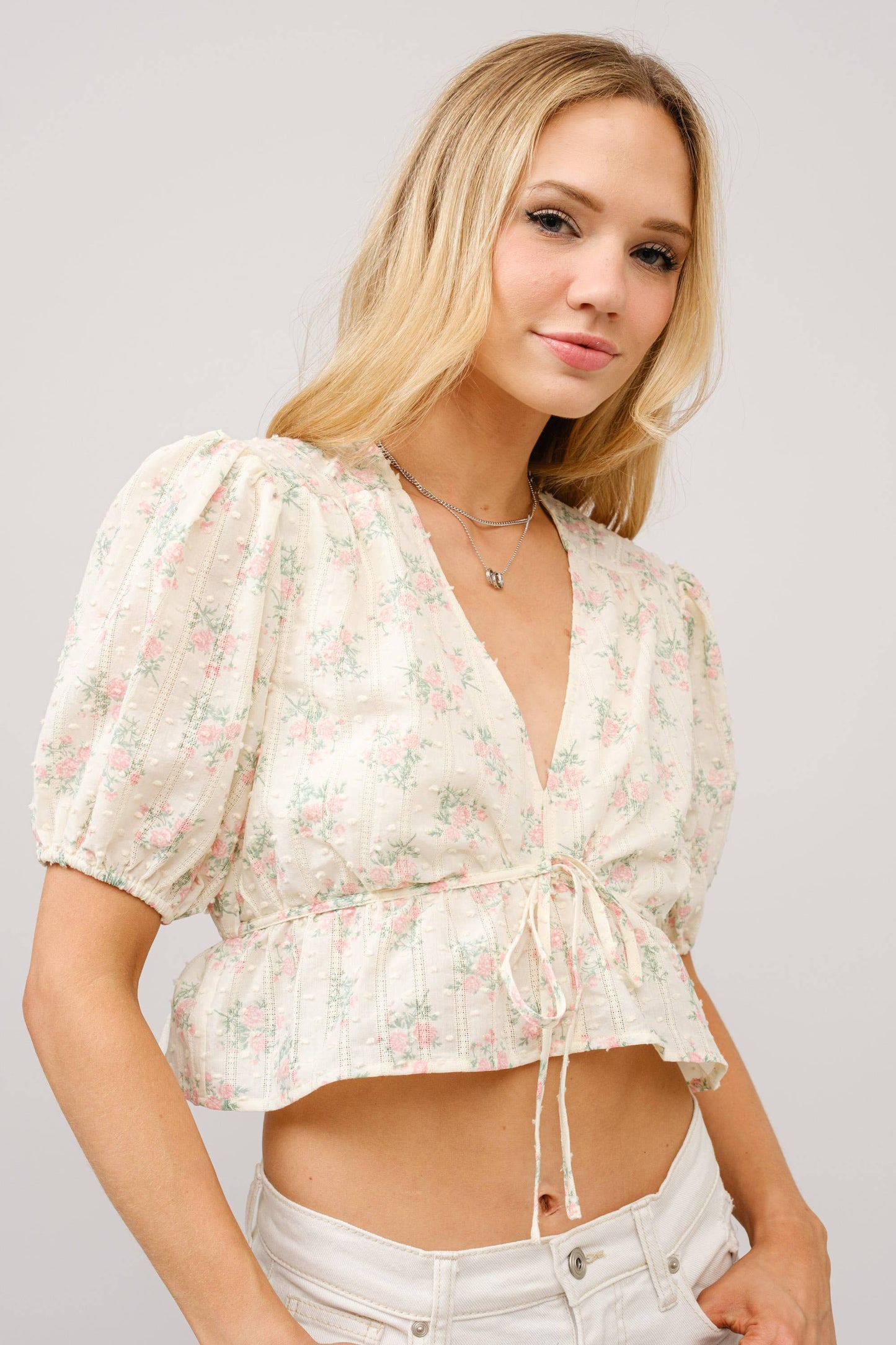 Petticoat Puff Sleeve Tie Front Peplum Top