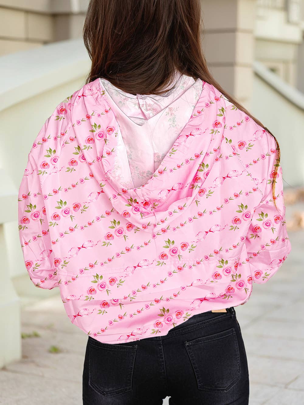 Floral Print Half Zip Kangaroo Pouch Drawstring Hoodie