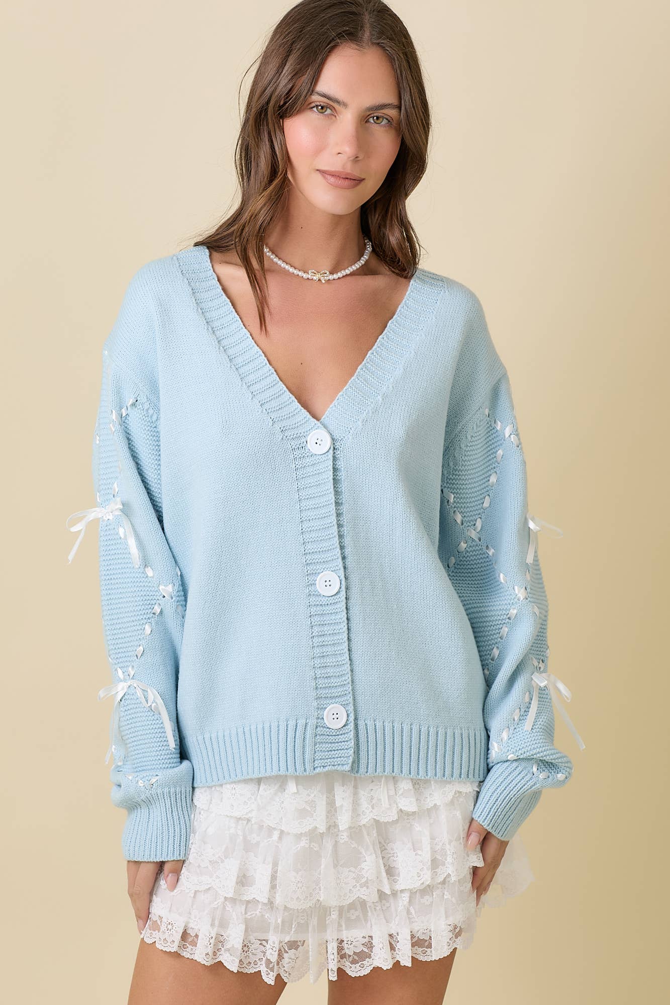 Hand Sewn Satin Ribbon Detail On Sleeve Cardigan