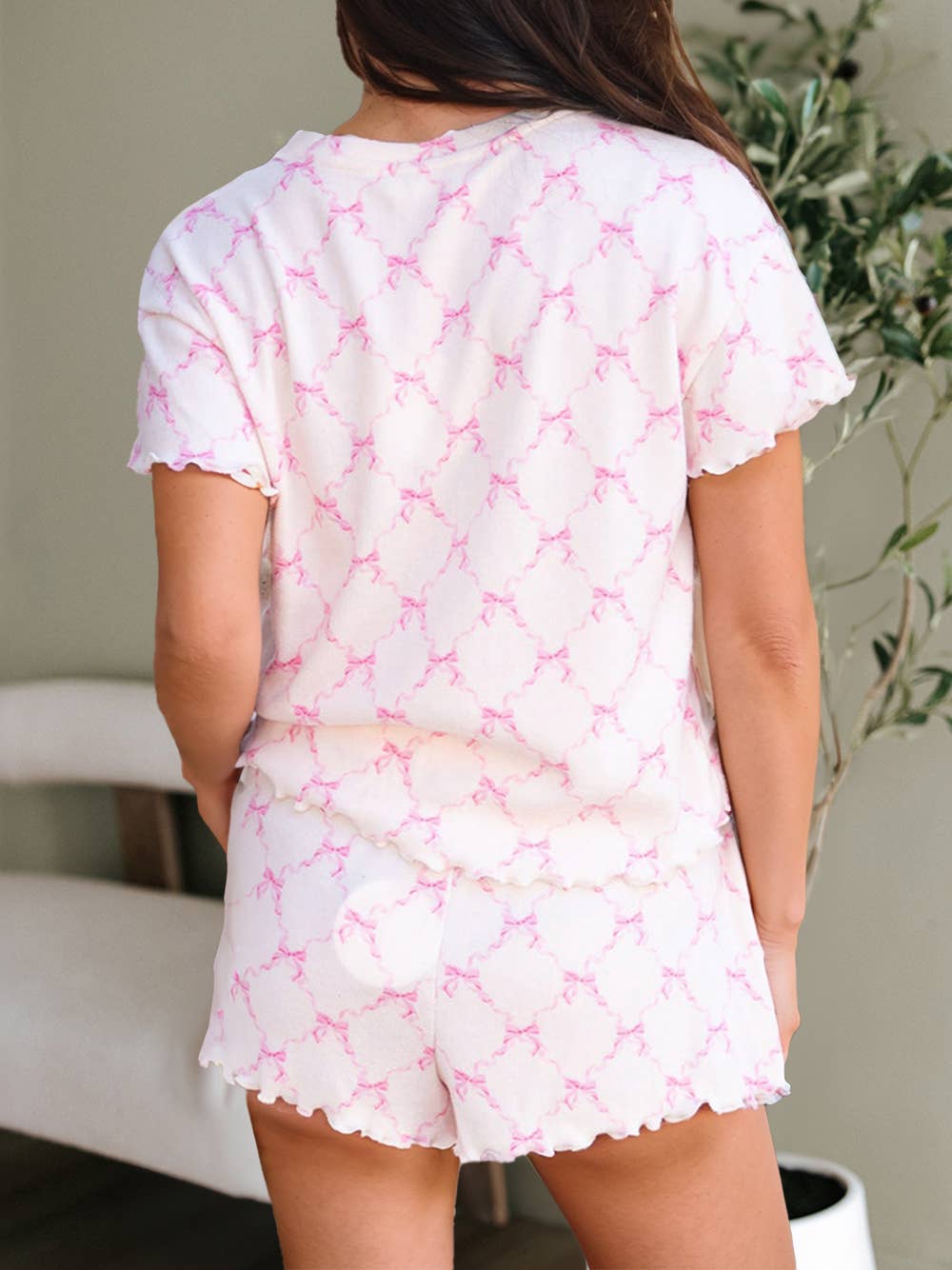 Bow Knot Geometric Print Lettuce Trim Two Piece Lounge Set